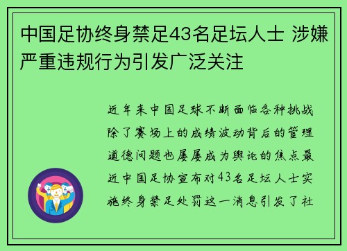 中国足协终身禁足43名足坛人士 涉嫌严重违规行为引发广泛关注 中国足协终身禁足43名足坛人士 涉嫌严重违规行为引发广泛关注