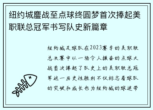 纽约城鏖战至点球终圆梦首次捧起美职联总冠军书写队史新篇章