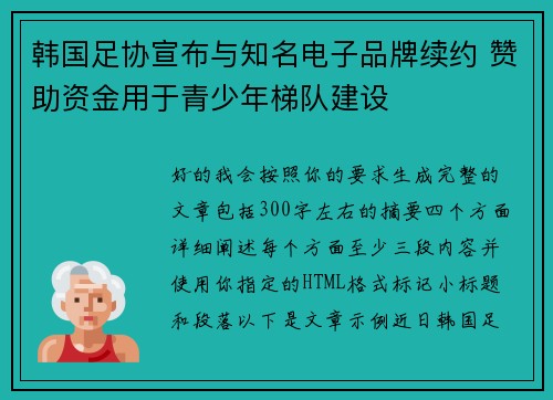 韩国足协宣布与知名电子品牌续约 赞助资金用于青少年梯队建设
